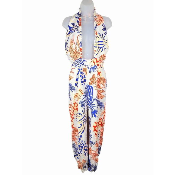 FARM Rio Pants - Farm Rio Mixed Lobsters Jumpsuit Womens L Halter Open Back Tropical Linen